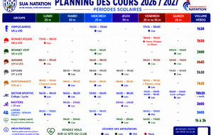 Horaires entrainements 2026-2027